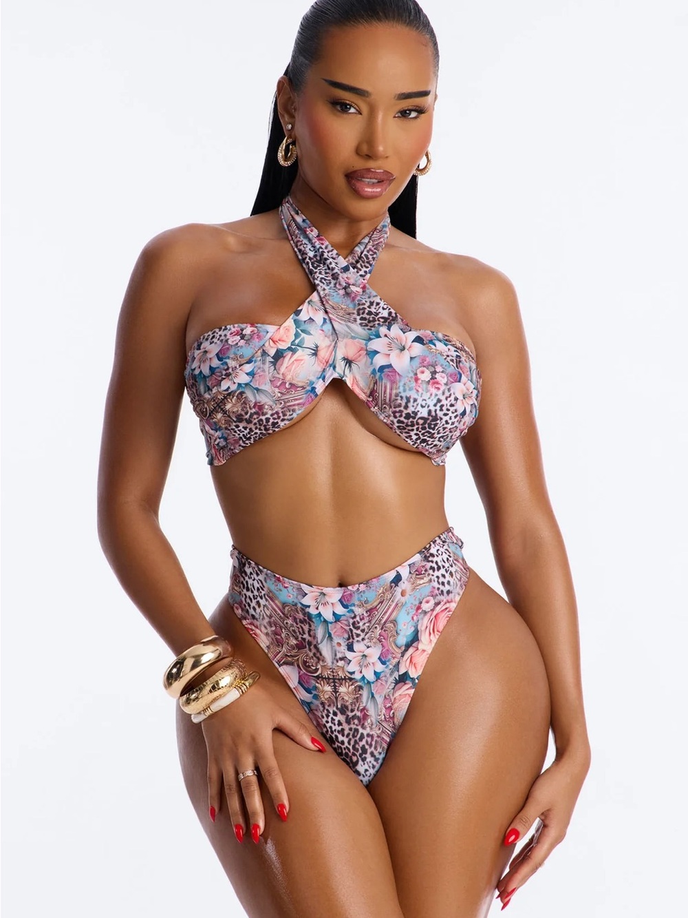 Floral Leopard High-Waist Halter Bikini Set - Pink